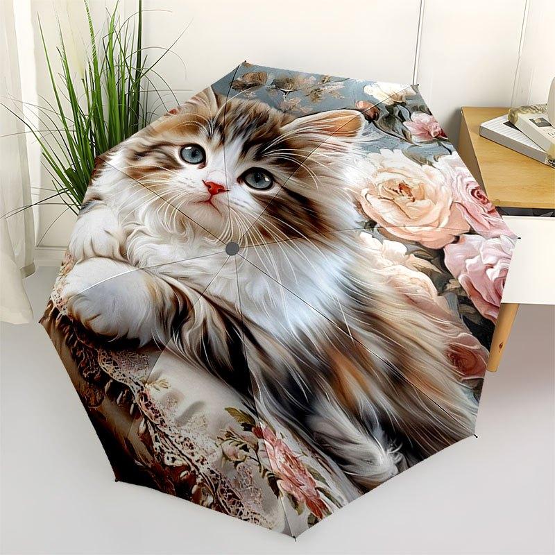 Floral Pillow with Cute Kitten Design-Soft and Comfortable Home DecorUmbrella with Cute Design,Portable 3-Fold Compact Umbrella for Men&Wome