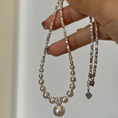 Giant Flash Love Broken Silver Pearl Necklace Summer White Temperament Neck Chain Light Luxury Niche Versatile High Sense Collarbone Chain Woman