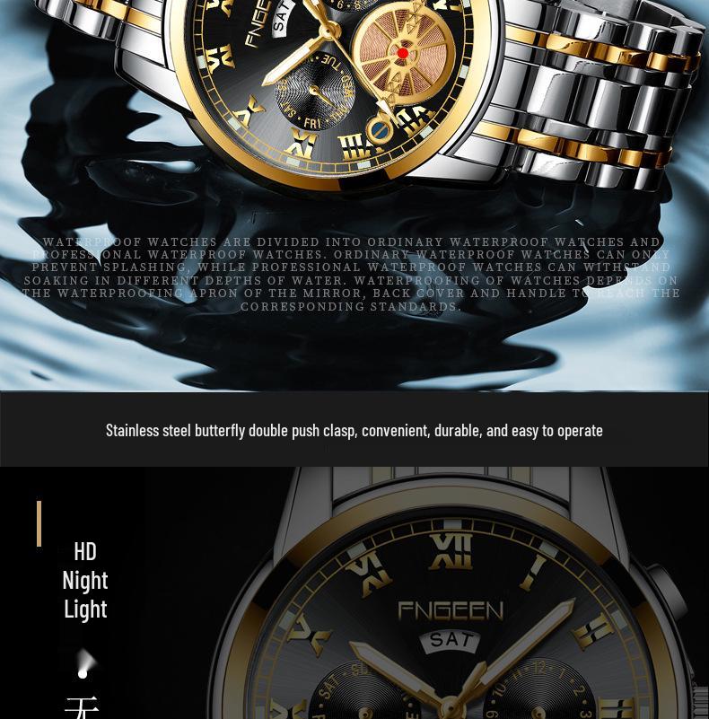 Orologio da uomo FenZun con Tourbillon Volante Nero e Cinturino in Acciaio con Diamanti Neri