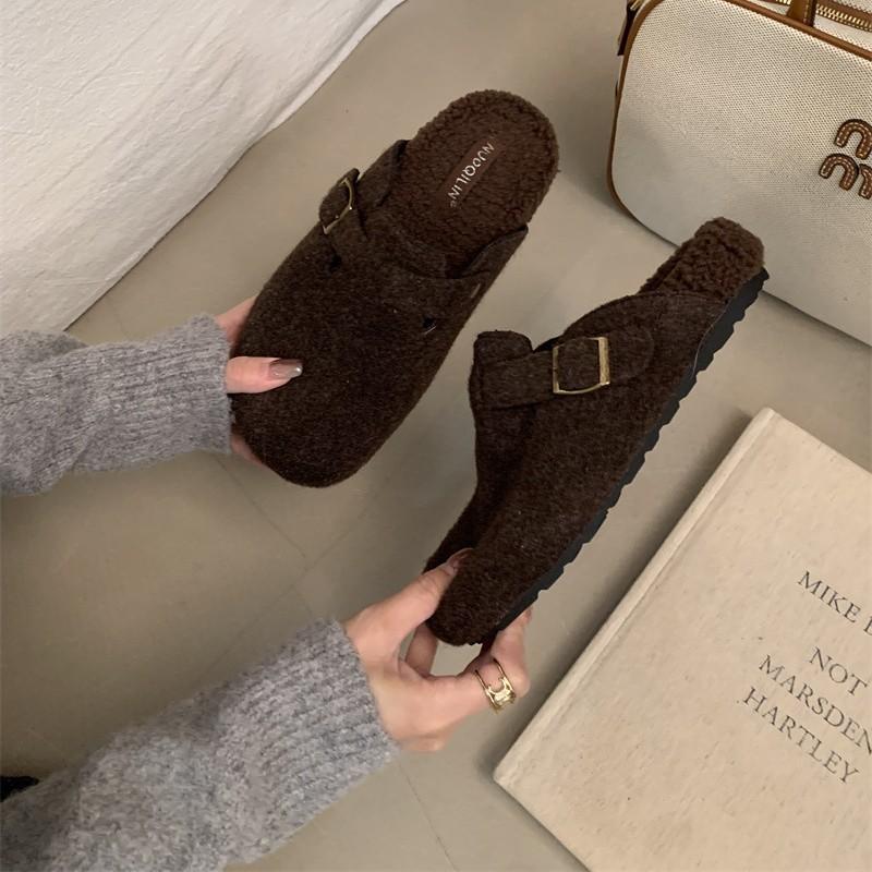 

Baotou drag, thick-soled versatile retro velvet shoes women s half drag 2025 autumn new models 39 темно-коричневого кольору