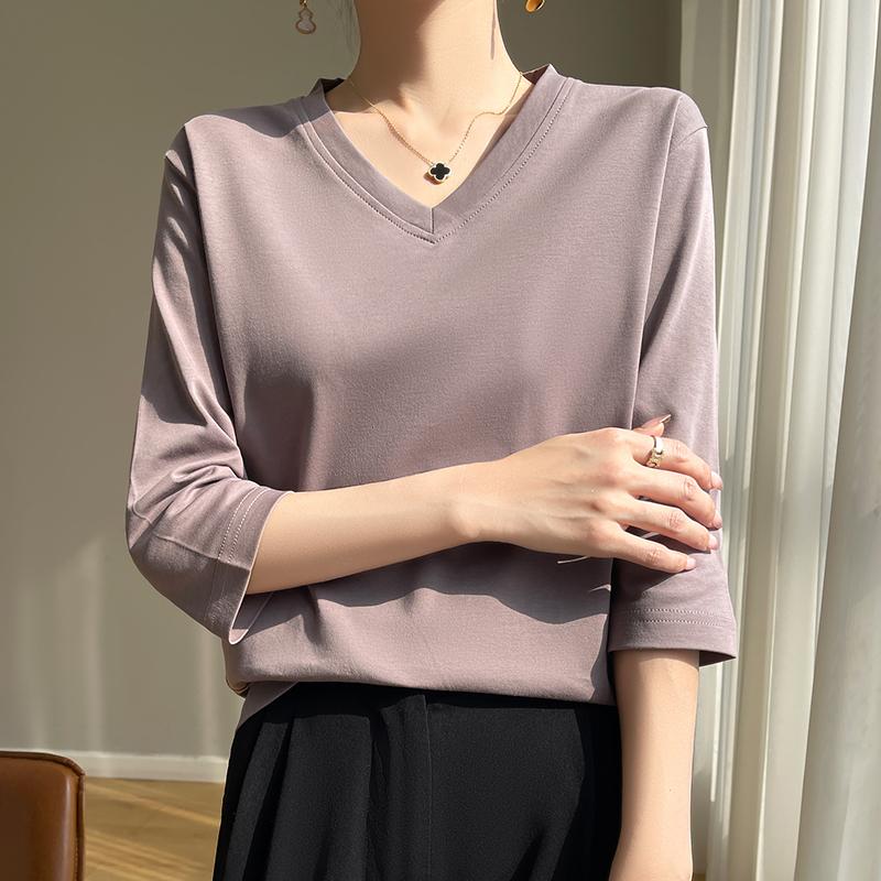 Spring And Summer White Mercerized Cotton Cropped Sleeve T-shirt Feminine Joker 100% Cotton Bottoming Shirt Half Sleeve