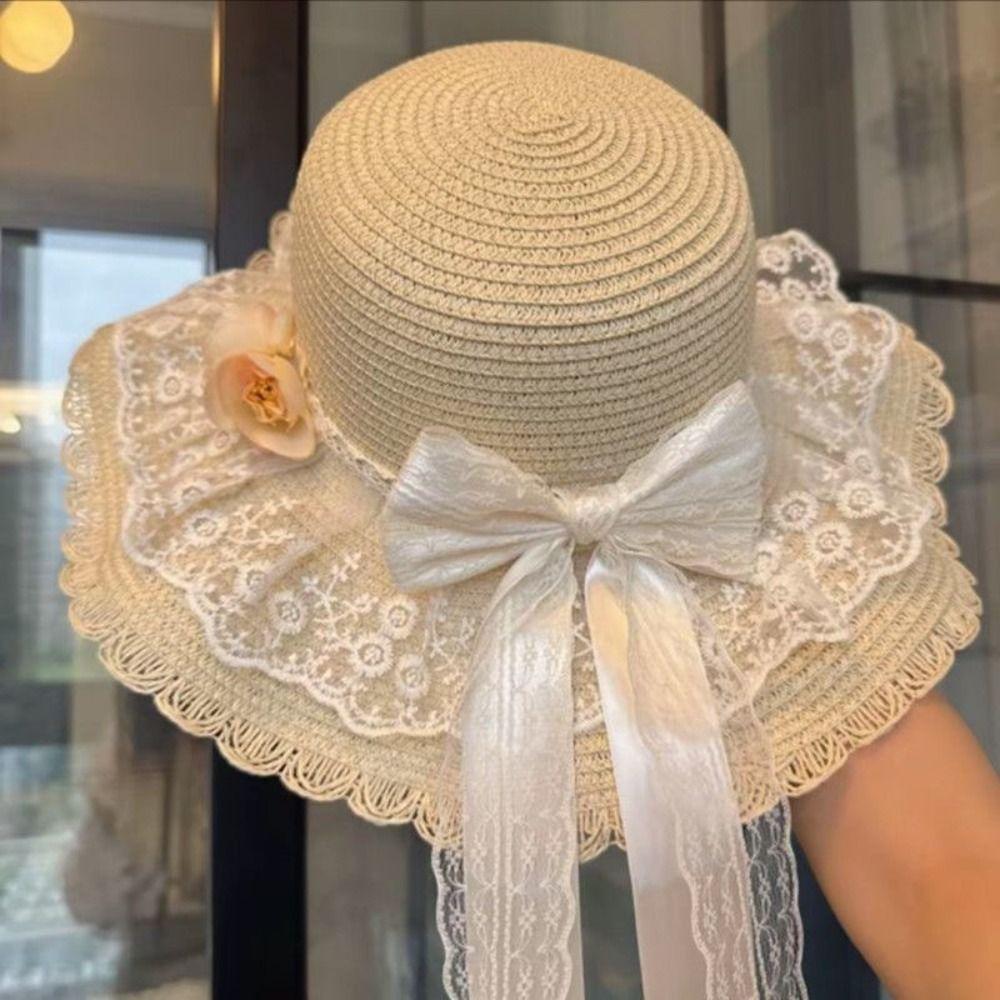 Fashion Lace Bow Sun Hat Breathable Straw Adjustable Wide Brim Hat Lace Ruffle Fisherman Cap Summer Beach