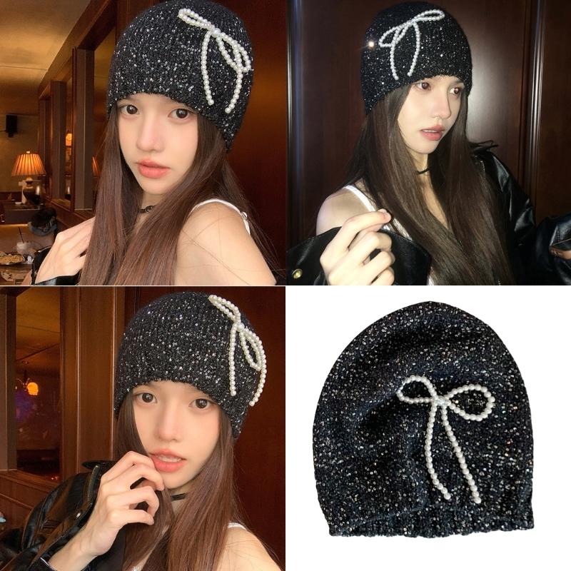 Pearls Bows Knitted Hat Elegant Ladies Hat Comfortable Soft Hat Flaring Glitter Hat for Men and Women