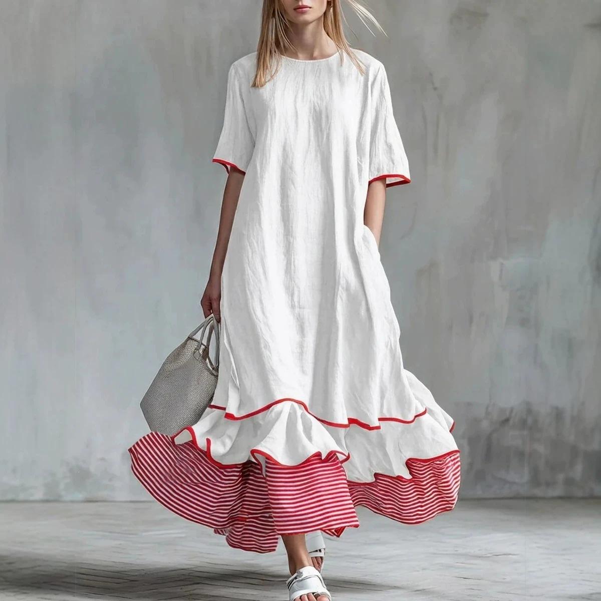 Women s Round Neck Short Sleeve Striped Patchwork Loose Maxi Dress Casual Summer Long Dress S белый
