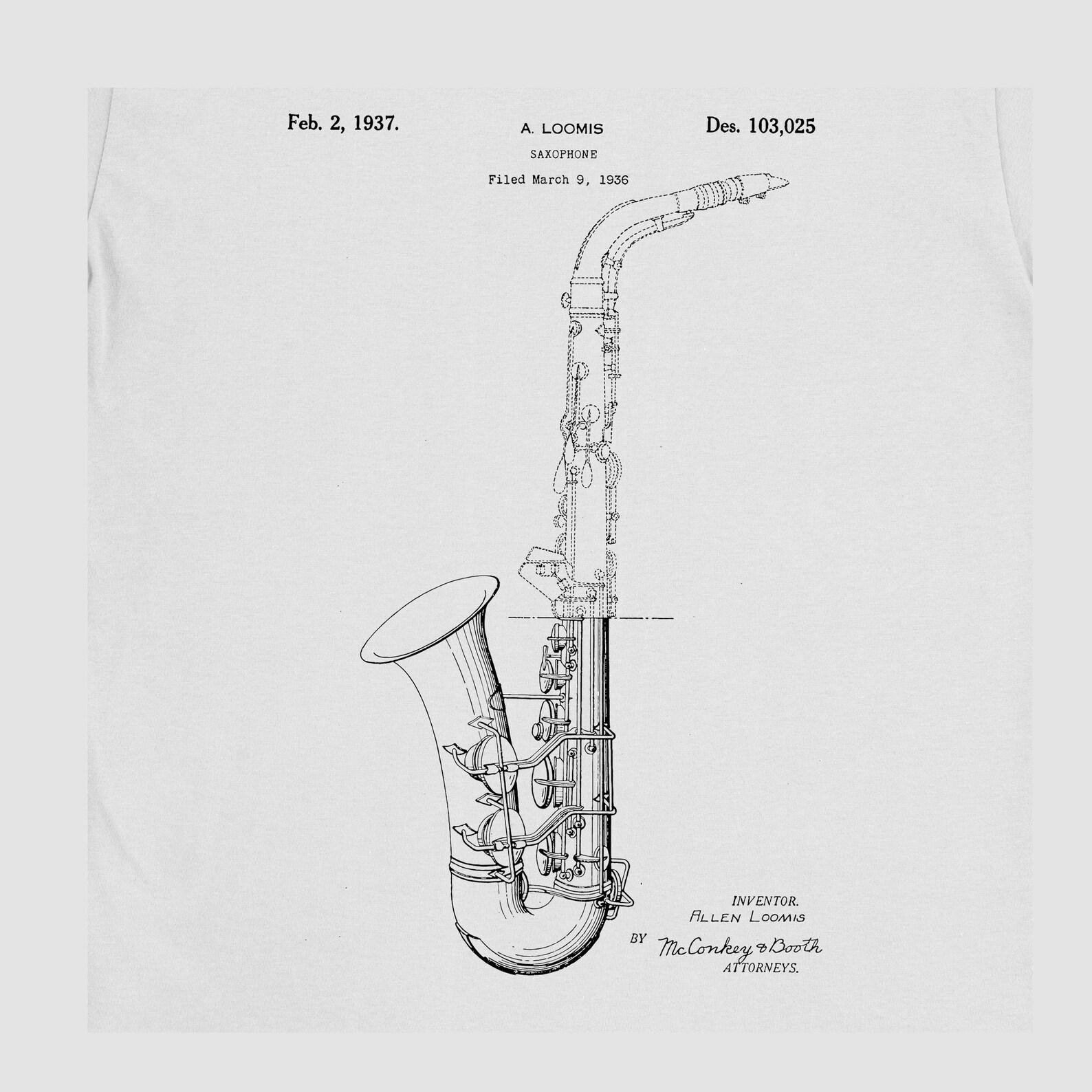 Saxophone Patent T-Shirt: Vintage Blueprint Design, Musician Gift 3XL