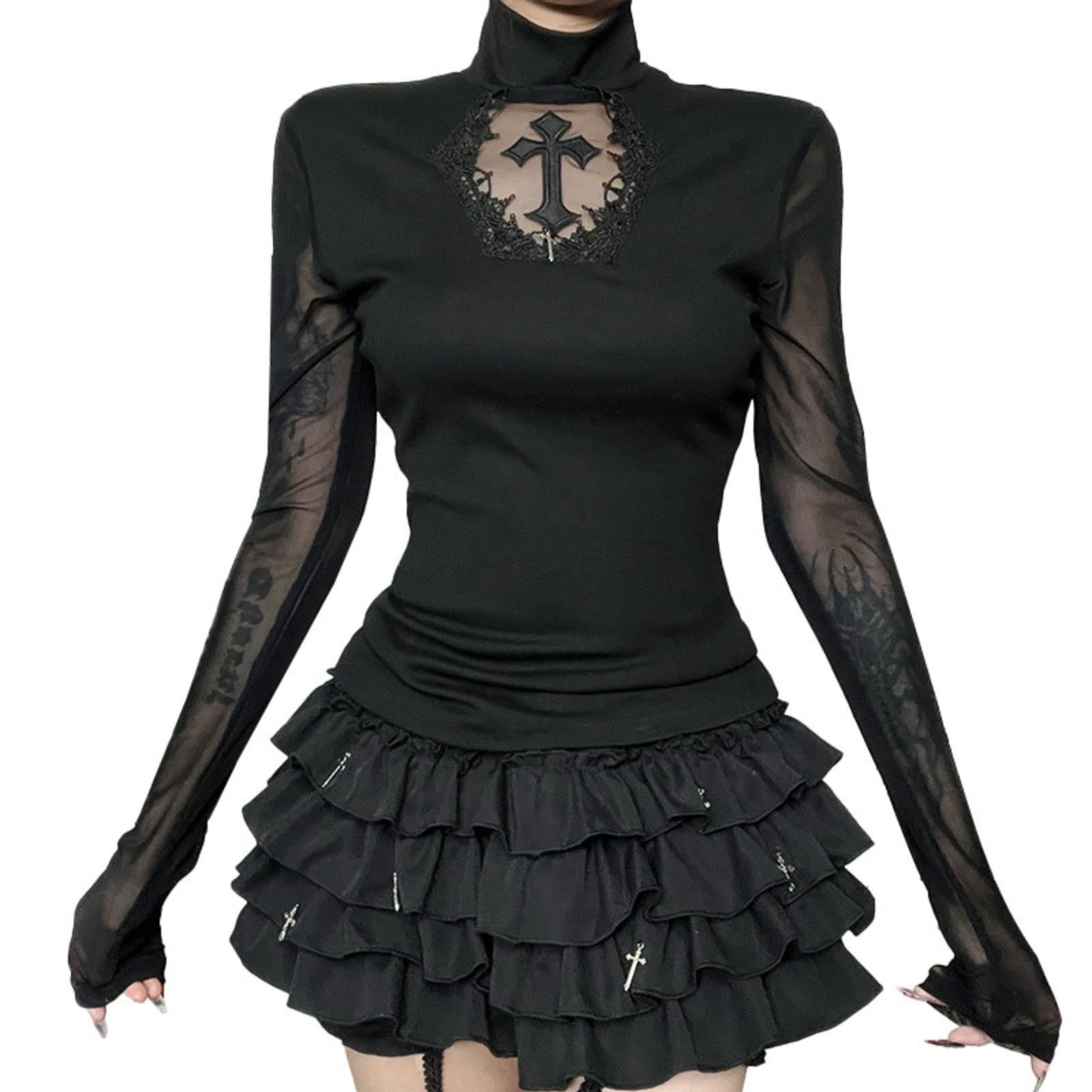 

ADOSSY Готический Панк Крест Косплей Готическая Лолита Мода Топ Топ, Рок, Кружево, Сетка, Прозрачный, Костюм, (Размер L) чёрный