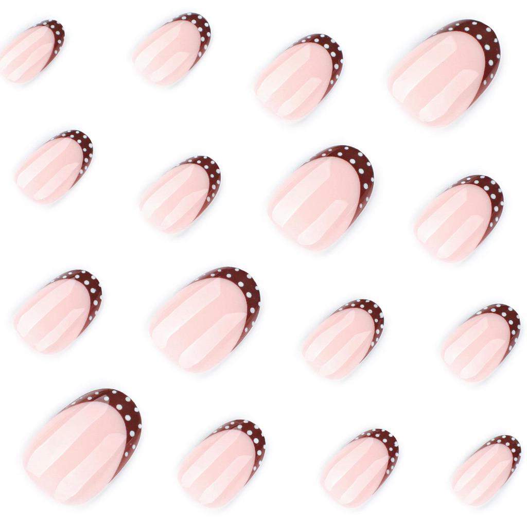 Polka Dot French Brown Wearable Nail Tips - Autumn/Winter Short Style