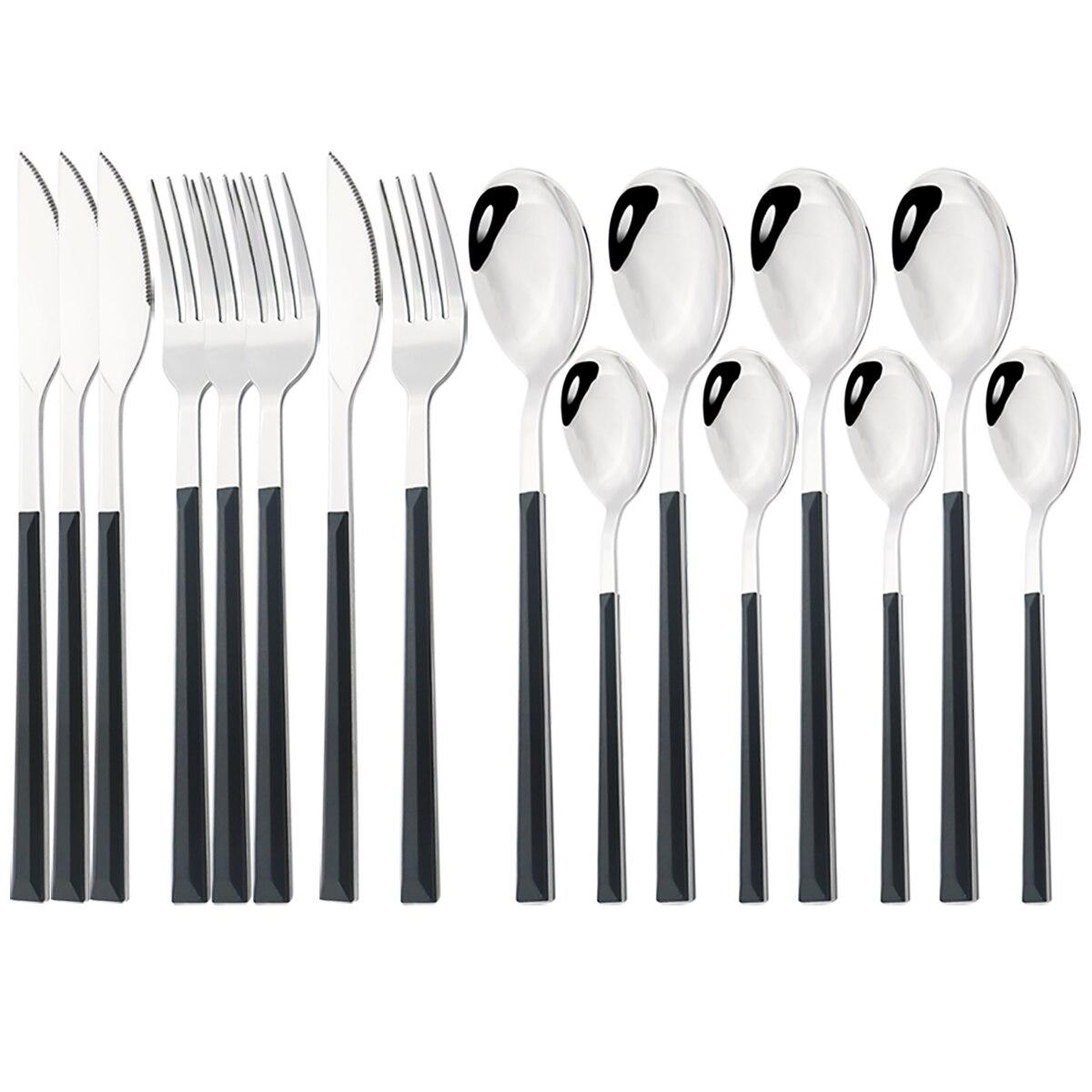 

16 шт., набор посуды из нержавеющей стали с зеркальной полировкой и деревянной ручкой, набор столовых приборов, ножи, вилки, ложка, набор столовых приборов чёрный/серебряный