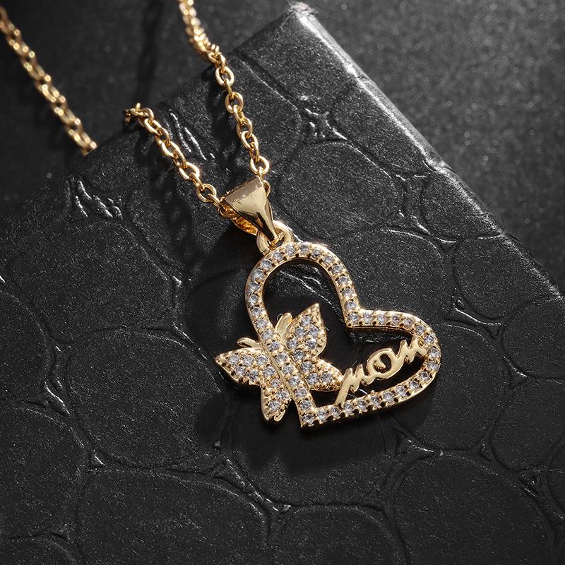 Women's Fashion Butterfly Letter Design Heart Shape Zircon Pendant Necklace Creative Romantic Sweet Casual Gift