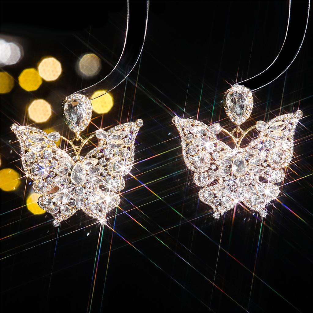 Fashion, new colored glass rhinestone earrings, stud earrings for women, personalized exaggerated butterfly ear jewelry wholesale