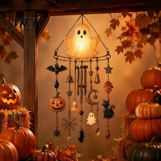 Night Glowing Yard Art Halloween Luminous Ghost Wind Chime, Glow-in-The-Dark Hanging Ornament with Pumpkin Bat Outdoor Garden Decoration Spider