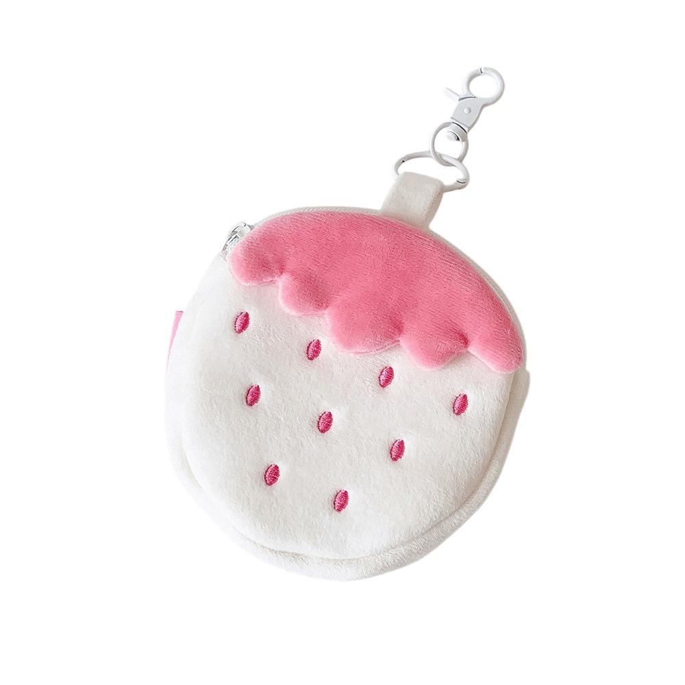 Zipper Design Plush Strawberry Keychain Lipstick Card Bag Earphone Bag Key Pendant  Student