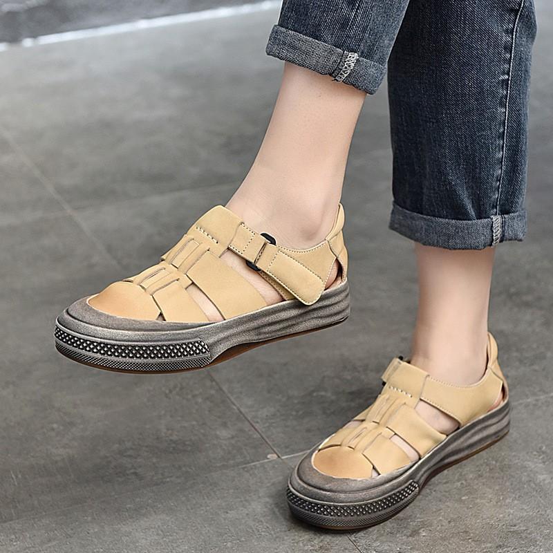 

Johnature сандалии на плоской подошве из натуральной кожи с мягкой подошвой, повседневная обувь, женские удобные дышащие сандалии с круглым носком 35 абрикосовый