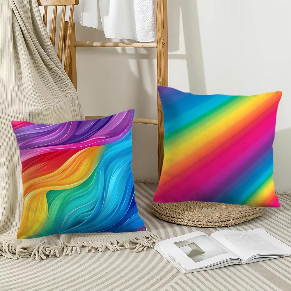 Rainbow Color Cushion Cover Soft Plush Fabric Double-Sided Printed Sofa Cushion Cover For All Seasons Home Decor Gift