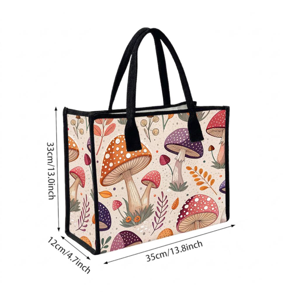 Cute Mushroom Printed Tote Bag for Women Fashionable Casual Reusable Daily Handbag for Shopping Commute Portable Stylish Shoulder Bag