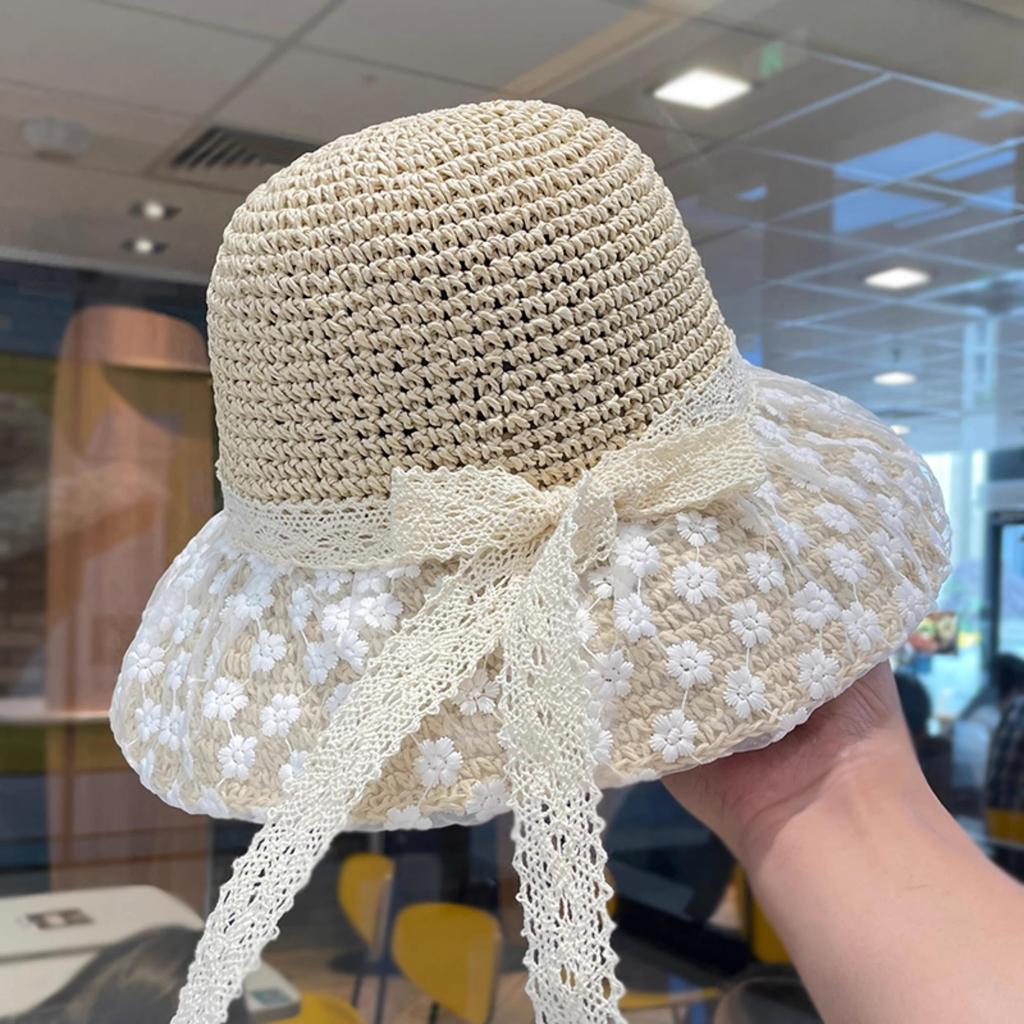 Summer Hat Women Lace Ribbon Bow Brimmed Sunshade Bucket Hat Lady Folding Sun Hat Beach Accessories Sunscreen Travel New Sunhat