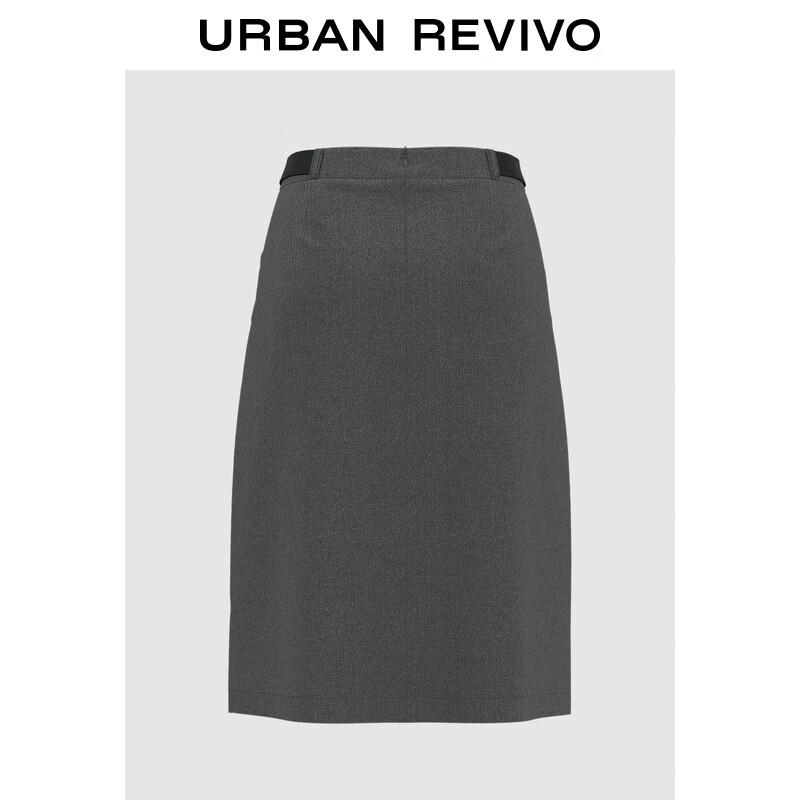 UR 2025 Autumn Smart Grey Metal Buckle Midi Skirt M