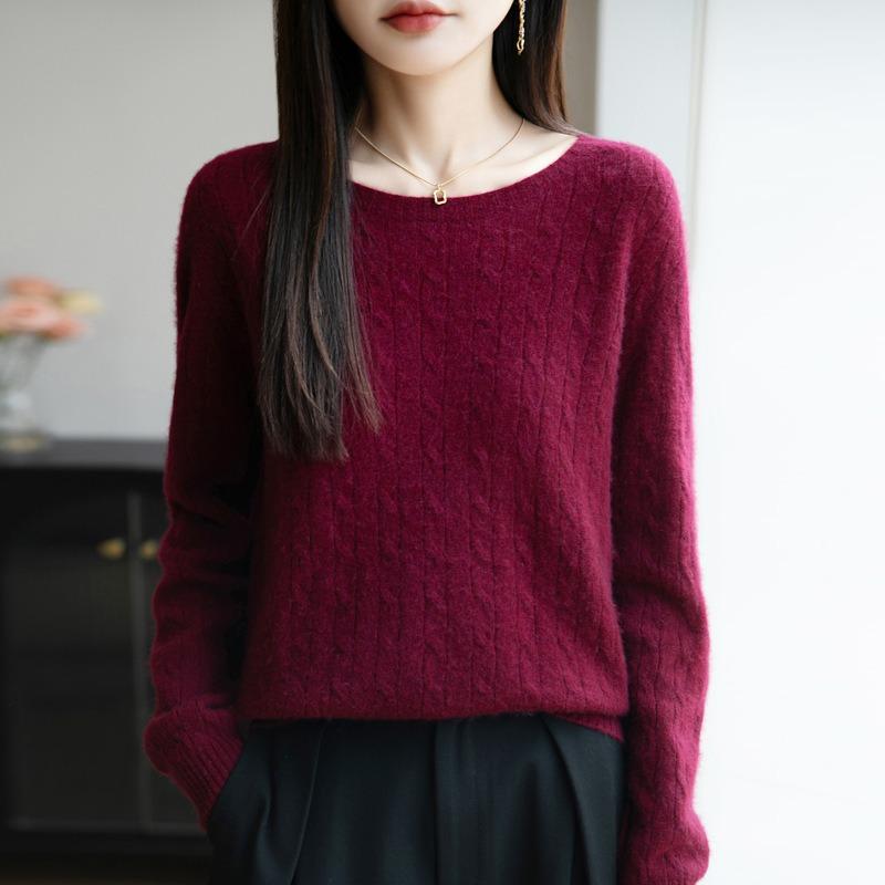 Casual Simple Women Fashion Sweater Round Neck Cable Knit Pullover Tops Loose Long Sleeve Pullover Base Layer Autumn Winter Comfortable Warm Knit Top