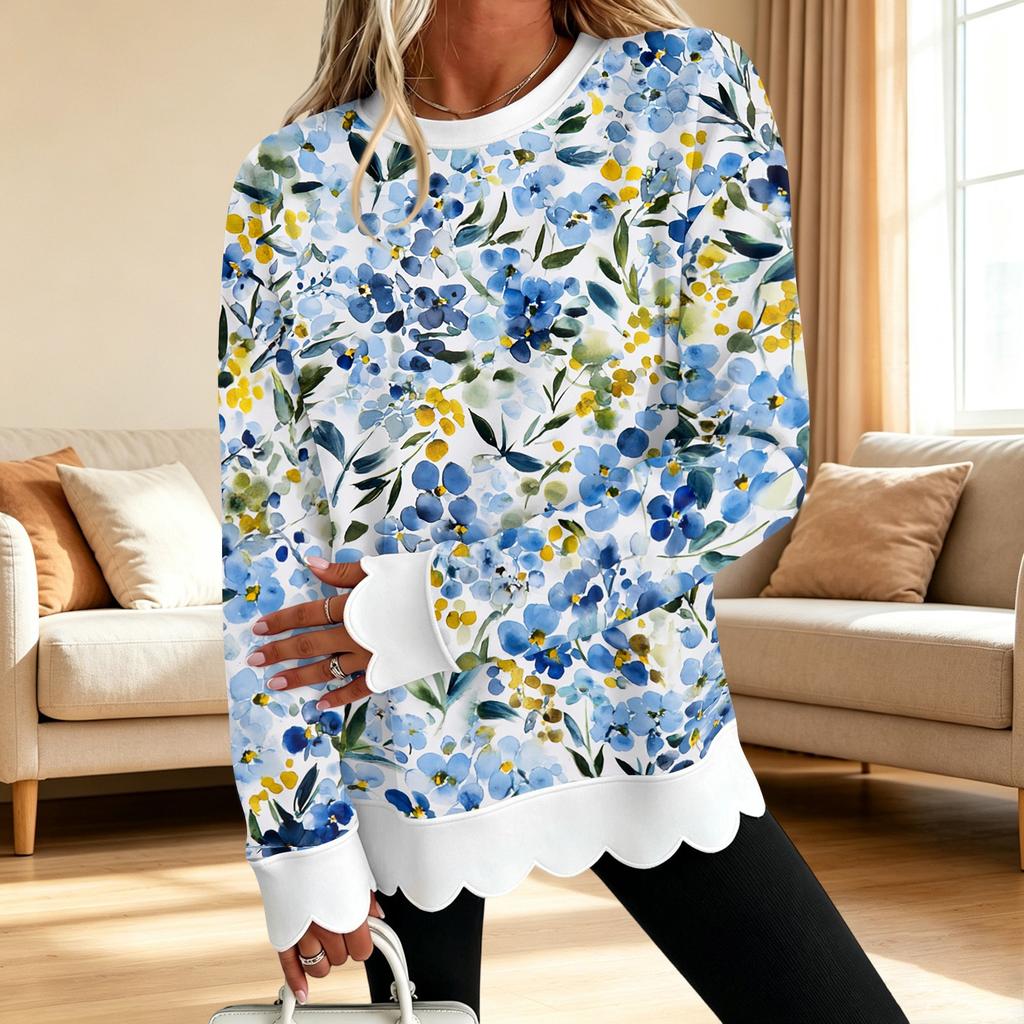 Women's Floral Print Crewneck Sweatshirt with Scalloped Wavy Hem Long Sleeve Pullover Top