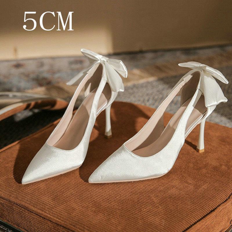 2024 Spring And Summer New White Pointy High Heels Ladies Thin Heel Single Shoes Butterfly Wedding Shoes Small Bride Shoes