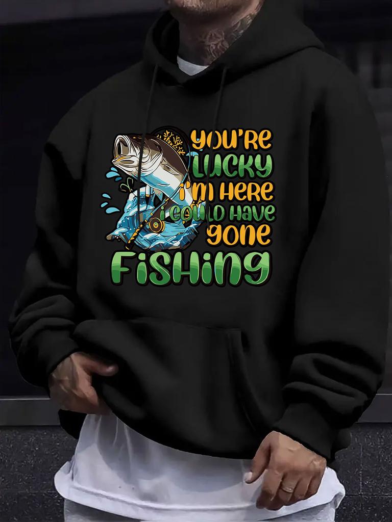 American Western Style unisex Autumn Winter Print Hooded Long Sleeve Sweatshirt, Big Mouth Sea Fish Fun Fishing Slogan Print Hoodie, Exclusive Item fo