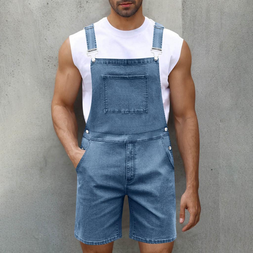 Men's Fashion V-Neck Button Pocket Wash Water Denim Adjustable Short Strap Jumpsuit