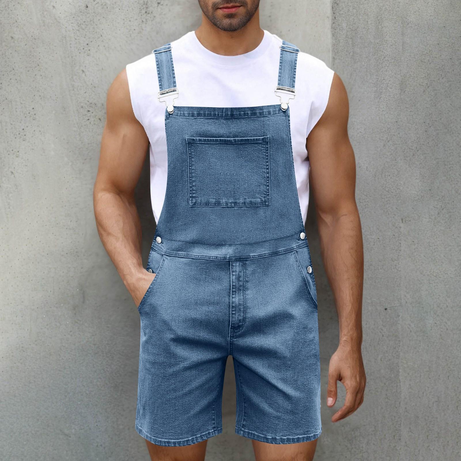 

Men s Fashion Solid V-Neck Button Pocket Wash Water Denim Adjustable Short Strap Jumpsuit M