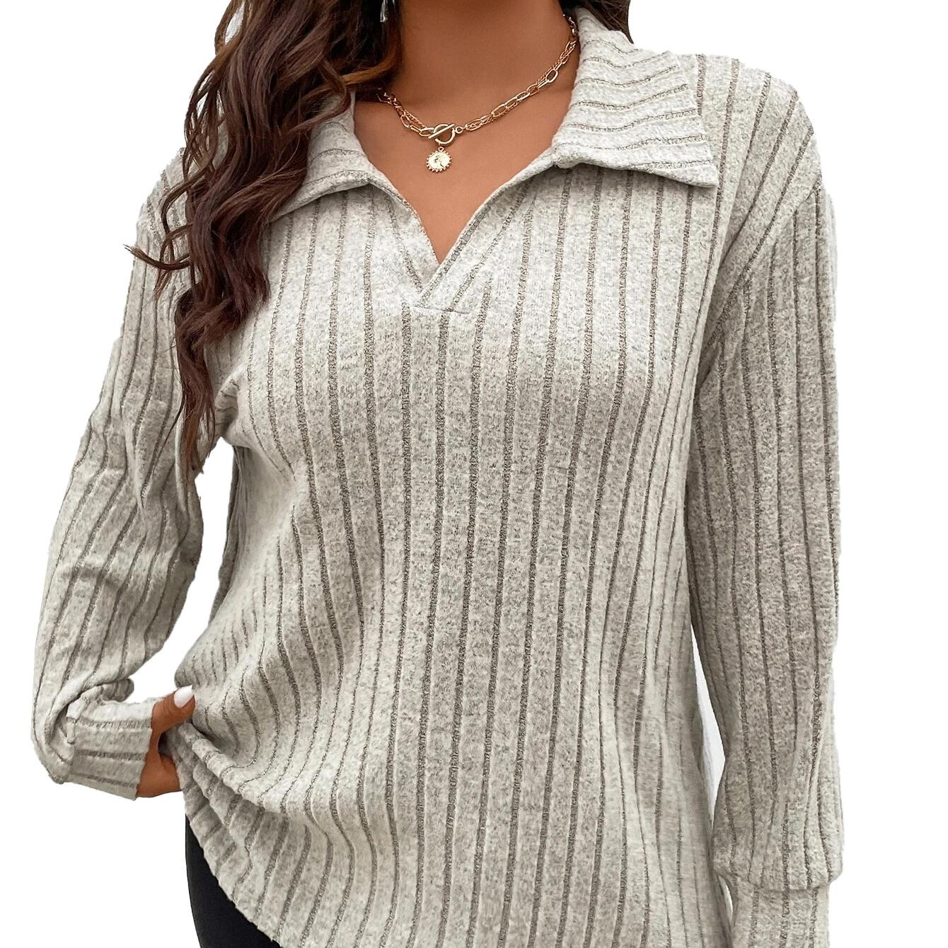 

GMXIA Женская модная повседневная однотонная футболка большого размера с принтом осень-зима с длинным рукавом и v-образным вырезом, матовая футболка с полосками, свободные свитера 5XL абрикосовый