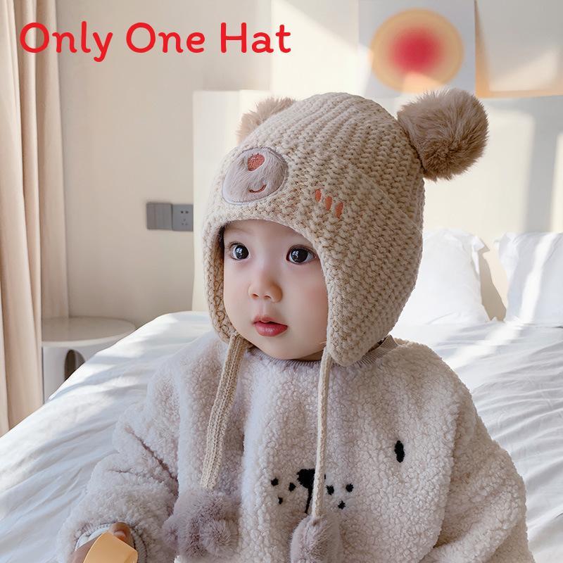 Baby Kids Autumn Winter Knit Beanie With Earmuffs And Cute Heart Bear Pattern For Toddlers Style A