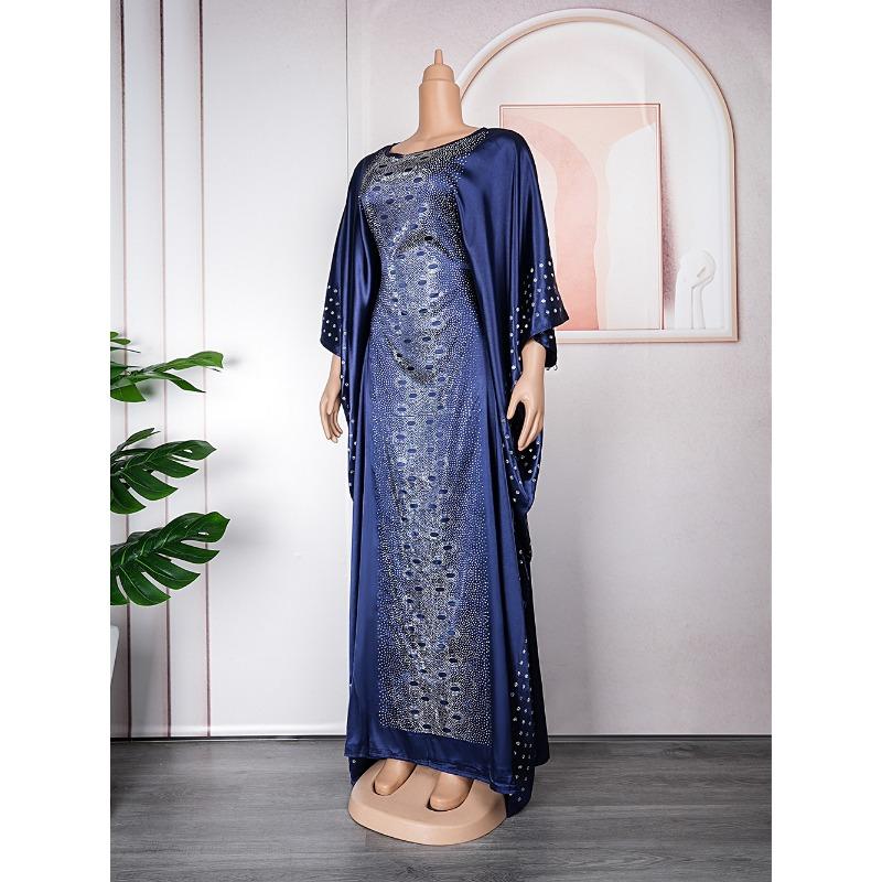 Plus Size Adjustable Belt Dresses Women's Drill Silk Satin Bat Sleeve Long Dress