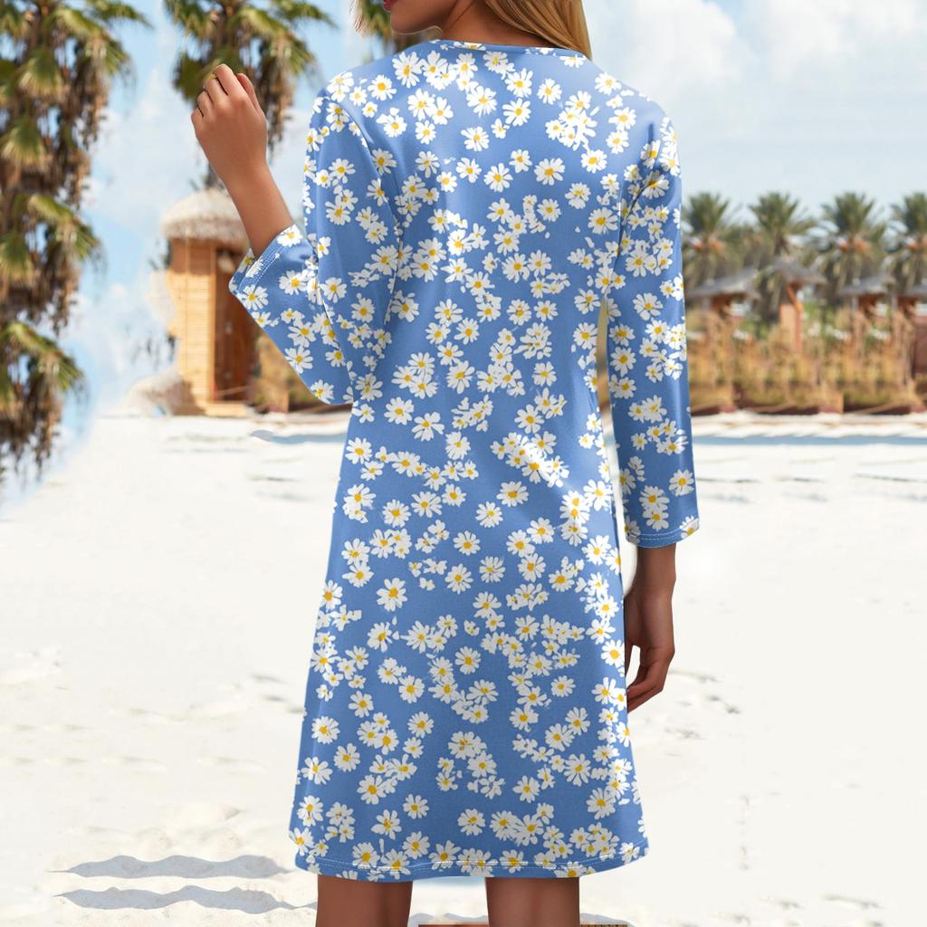 Women's Fashionable V-Neck Button Seven Part Cuff Pocket Floral Dress