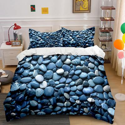 Blue Pebble Stone Texture Bedding Set 3pcs, Natural Seaside Rock Print Duvet Cover, Minimalist Calming Bed Linen for Bedroom
