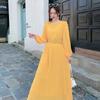 LYRIA New Women's Long Sleeve Belt Slim Long Dress High Quality Elegant Vintage Dots Pleated Big Hem Chiffon Dress