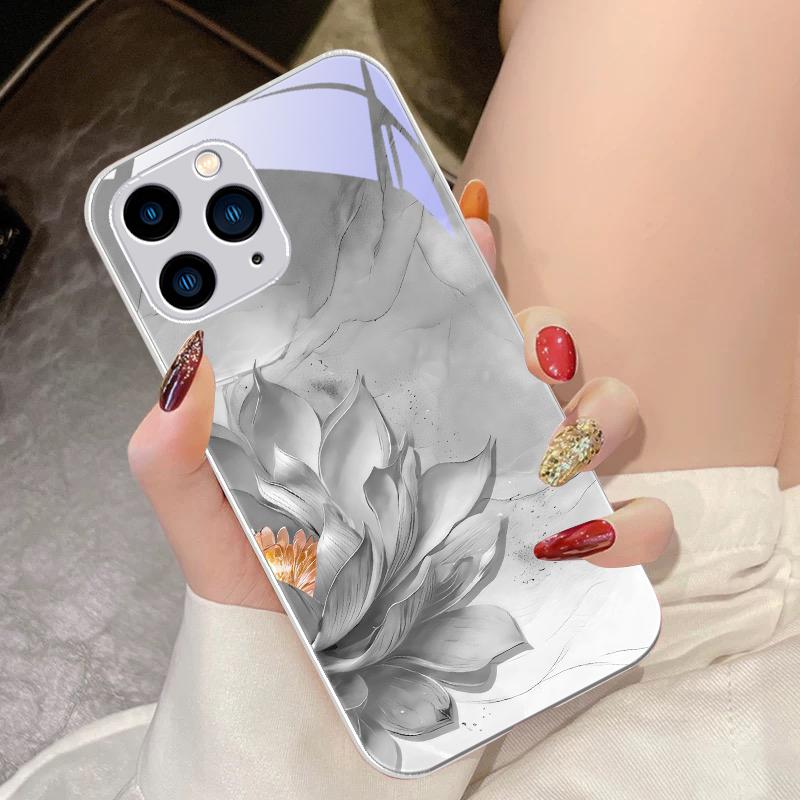 Side Lotus White For IPhone 16 Pro Max 15 Pro 14 13 12 Mini 11 XS Max XR 7 8 Plu SE 2022 Tempered Glass Phone Case
