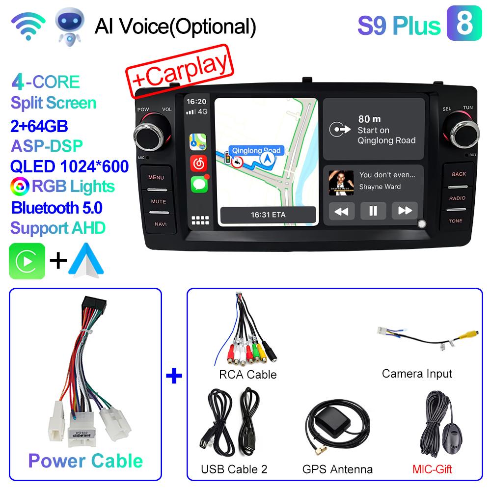 2din Android 12 Wireless CarPlay Android Auto Car Radio Multimedia GPS for Toyota Corolla E120 2003-2006 BYD F3 Stereo 4G