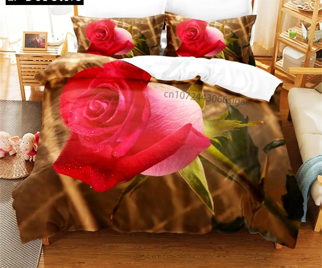 Flower Duvet Cover Set Bed Single Red Rose Quilt Cover 3D Comforter Bedding Sets 3pcs with Pillow Case King Size Full Wedding