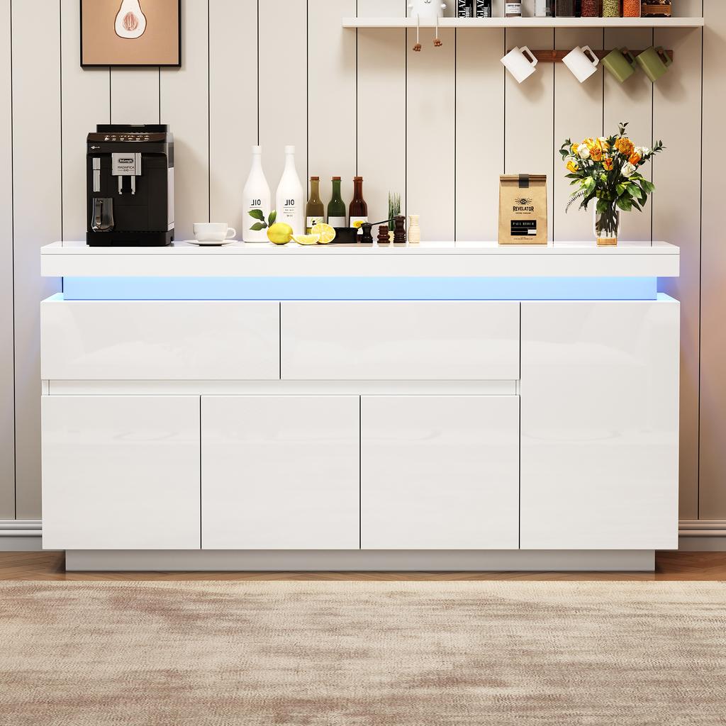 140 x 35 x 72,5 cm Mobile Soggiorno, Credenza, Buffet, Mobile Laterale con 2 Cassetti, Finitura Lucida, Armadietto con 4 Ante, LED, Bianco