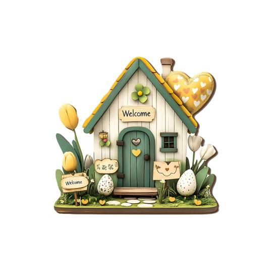 Yousheng Easter Wooden Hanging Sign, House Shape Tulip Flower Welcome Door Sign for Spring, Holiday, Indoor, Outdoor, Home, Porch, Front Door
