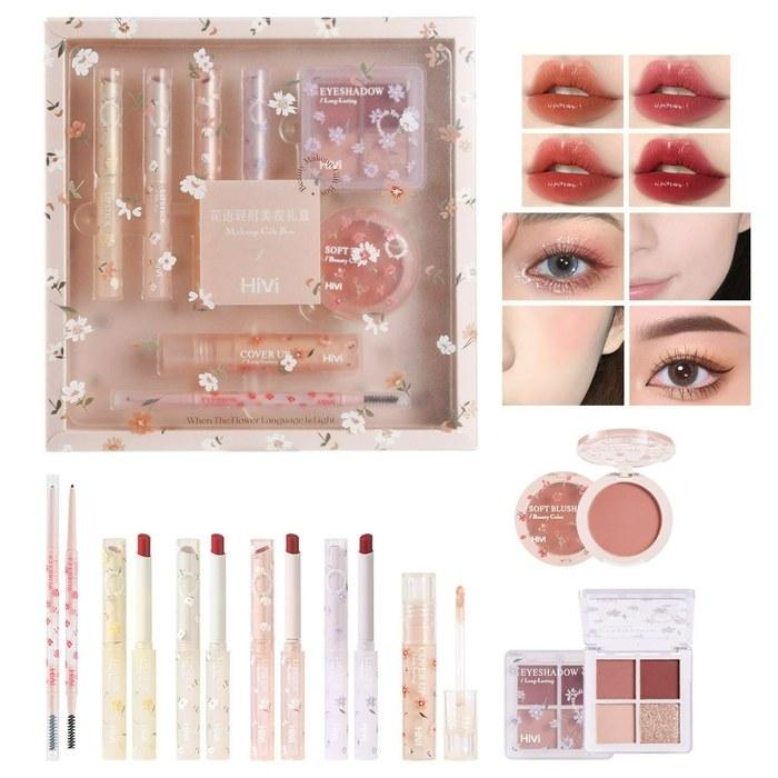 HiVi Full Beauty Makeup 8-Piece Set: 4 Lipsticks, 1 Eyebrow Pencil, 1 Concealer, 1 Blush, 1 Eyeshadow Palette. Multicolor.