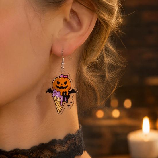 Halloween Theme Party Decor 1 Pair 2D Acrylic Earrings for Women, Spooky Pumpkin Skull Cool Aesthetic Black Cat Dangle Drop Earrings, Holiday Jewelry