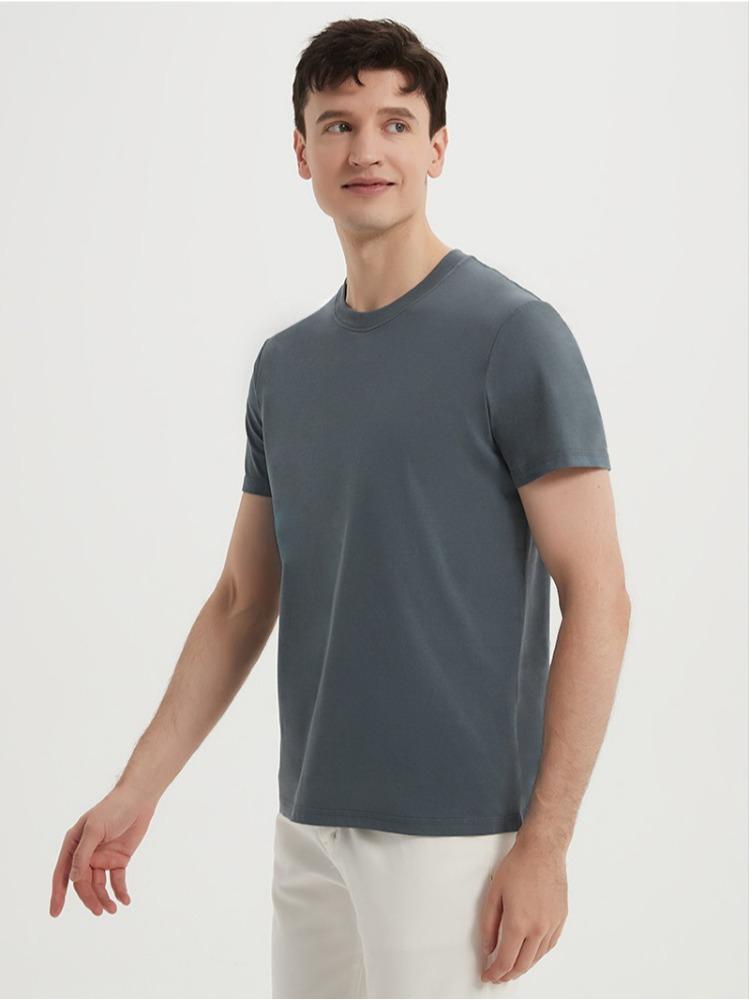 Premium Long-staple Cotton Short-sleeve Crew Neck Three-needle Solid Color Wrinkle-free Antibacterial Cool T-shirt Minimalist Breathable Tops