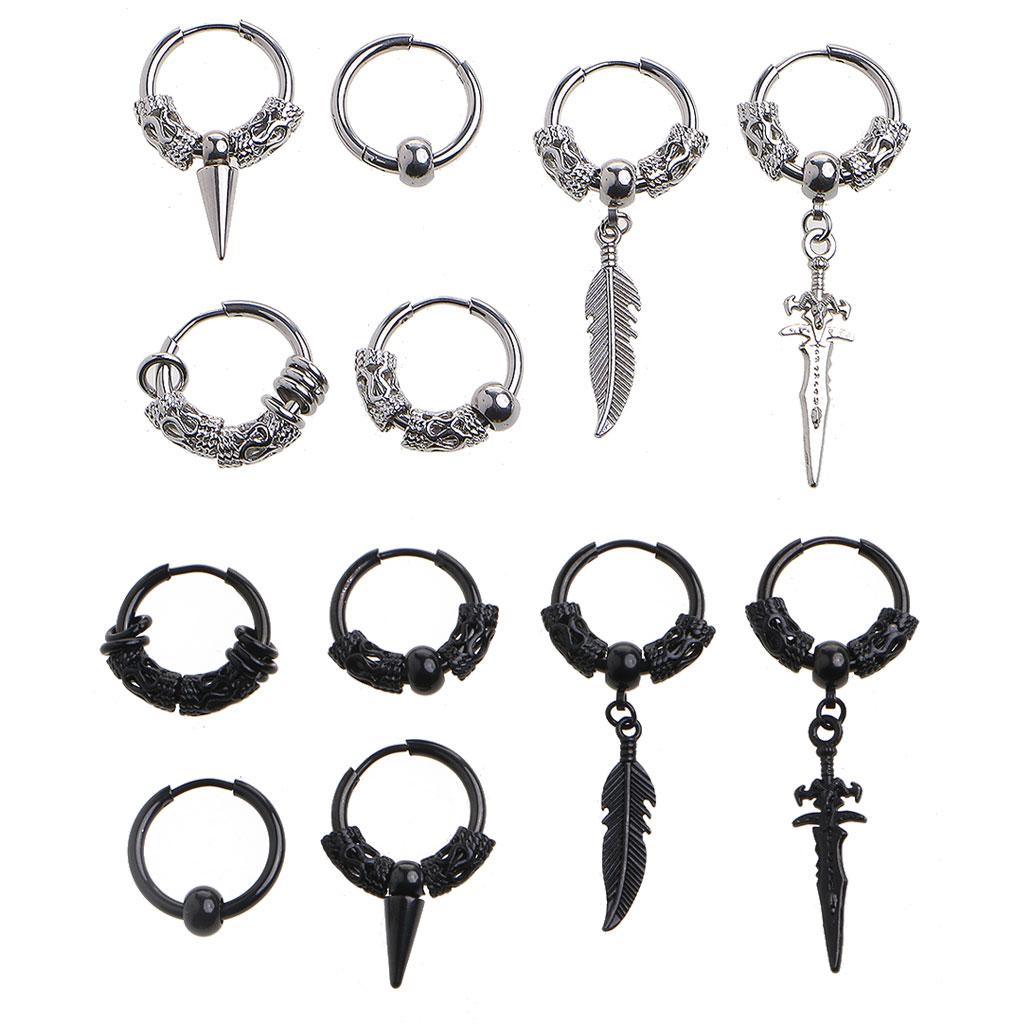 6PCS Viking Vintage Huggie Hoop Earrings Black Silver Dangle Earrings Punk Style