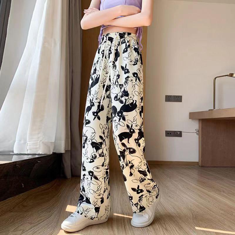 Summer Plus Size 3XL 4XL Sweatpants Jogger Women Wide Leg Pants Retro High Waist Cartoon Print Elastic Woman Pant White Black Loose Long Trouser