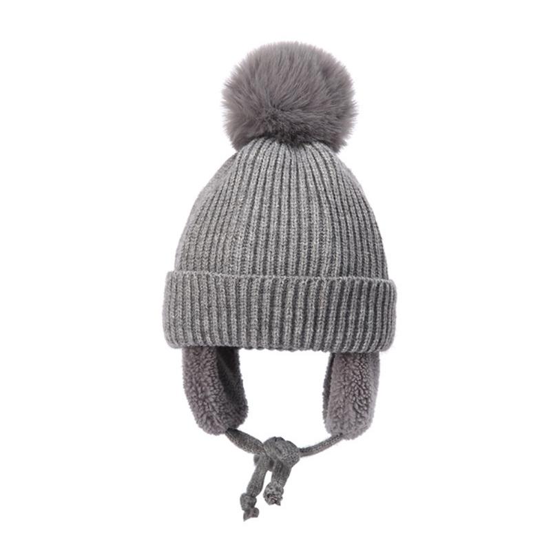 

Стильная однотонная детская плюшевая шапка с ушками, толстая вязаная шапка-бини, милая и практичная детская шапка-ушанка для детей 2-8 лет серый