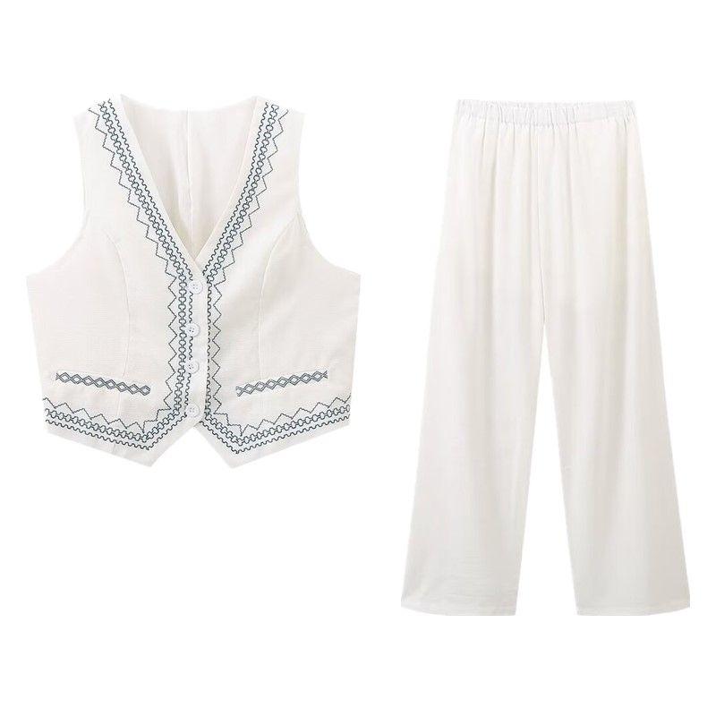 Fashion Style 2024 Autumn New Women's Clothing Stylish All-Matching Sleeveless Embroider Vest High Waist Pants Suit