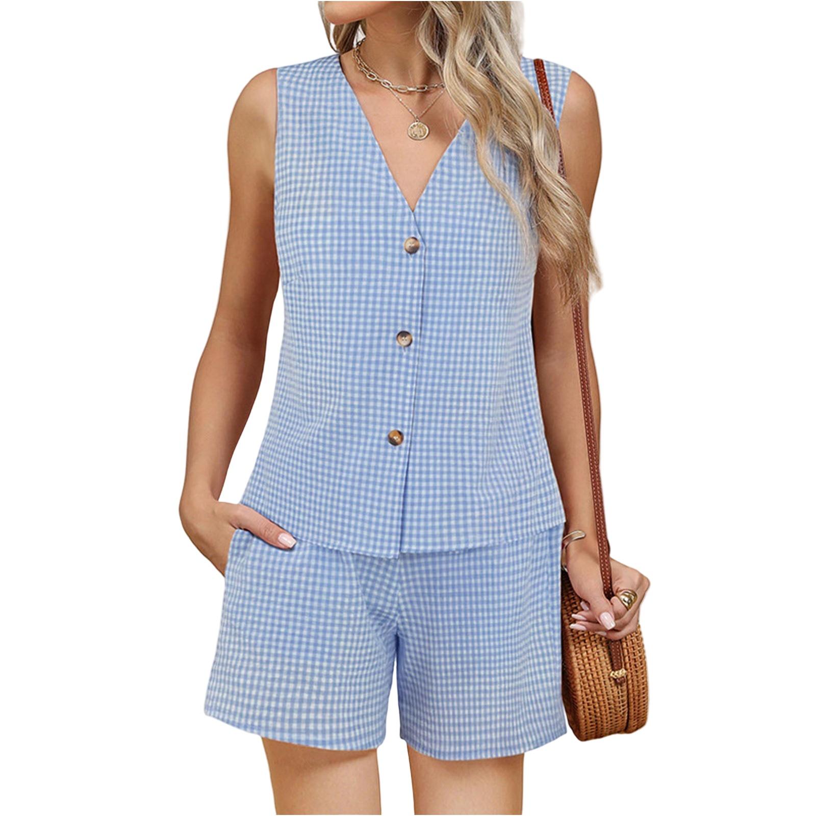 

Women s Loose Casual V-Neck Sleeveless Shorts Set V-Neck Sleeveless Shorts Set Set XL небо синє кольору
