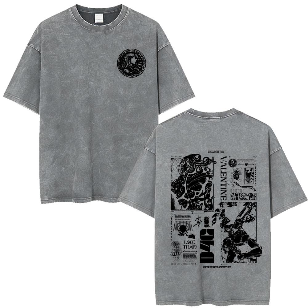 Anime JoJo Bizarre Adventure Jotaro Kujo Vintage Acid Washed T Shirts Men Women Cotton Casual Short Sleeves Tshirts Streetwear