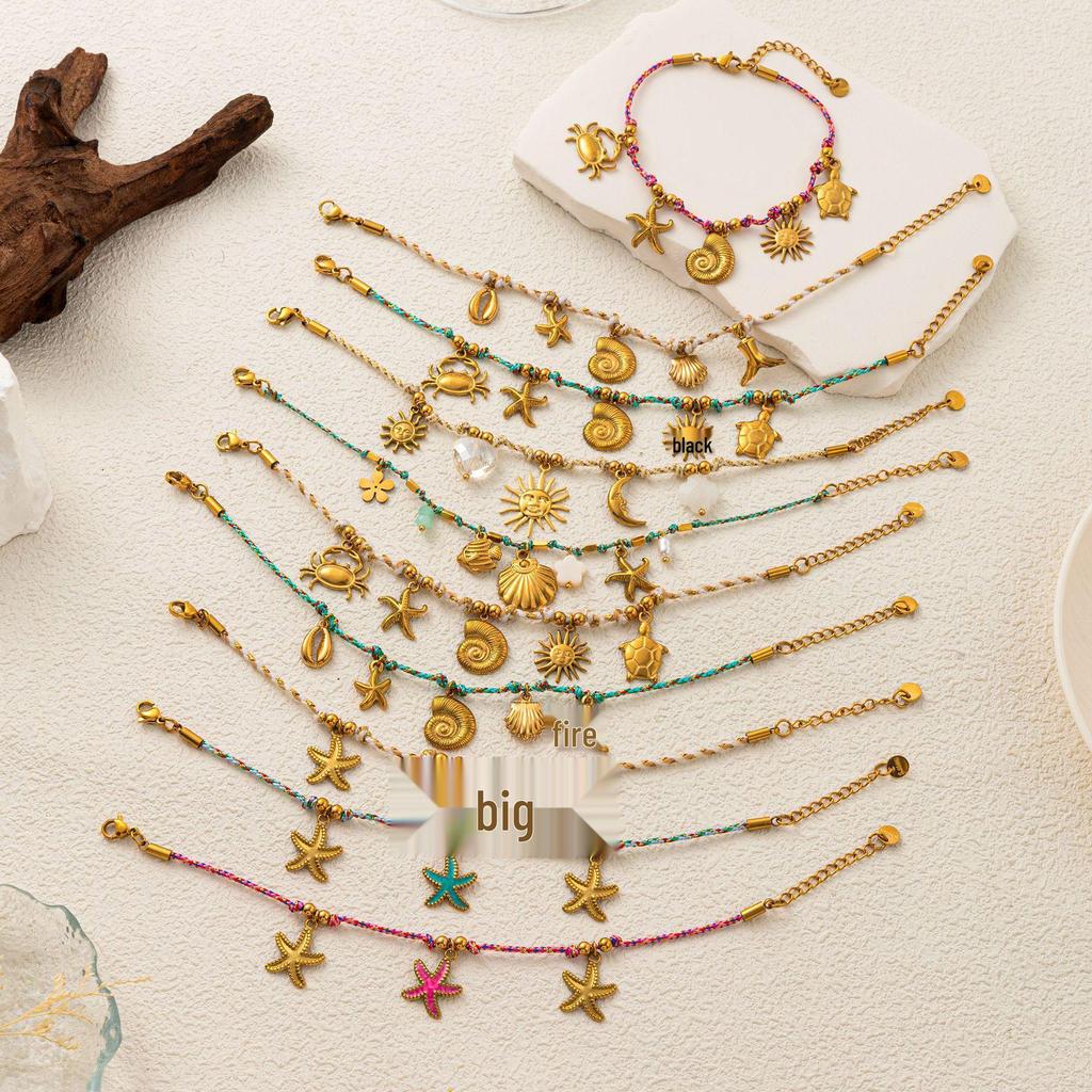 Dopamine Necklace and Bracelet with Whale, Starfish, Shell, 18k Stainless Steel, Multi-Color Conch Pendant.