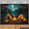 2D Planar Night-time Forest Camping Background Fabric - Cartoon-style Night-time Lake-side Scene, with Campfire and Indi