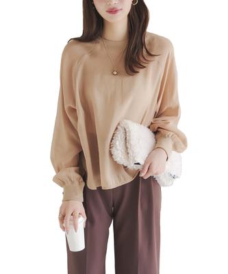 Kobe Lettuce Sheer Fabric Round Long Sleeve Office Wear Size Beige T-Shirt, Fall/Winter, See-Through, Simple, [C7297], M,